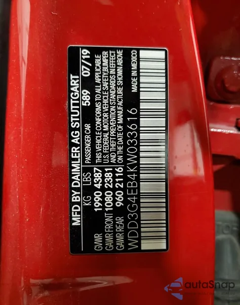 2019 Mercedes-Benz A 220 from USA, damaged, VIN WDD3G4EB4KW033616